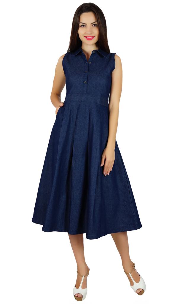 Bimba Womens Pleated A-line Dress With Pockets Casual Denim Shift Shirt