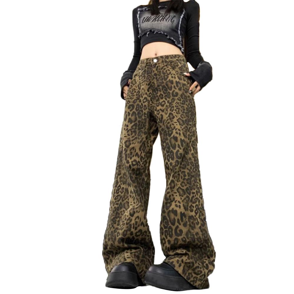 Unisex Retro Leopard Print Wide-Leg Jeans – Trendy Summer Loose-Fit Casual Pants with Belt