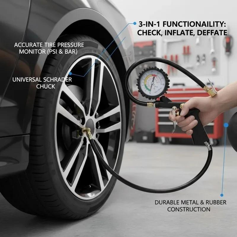 Air Compressor Pump Tool Multi-function Tire Pressure Monitor Car Motorcycle Tire Pressure Gauge 3in1 Dial Gauge Inflator Tester