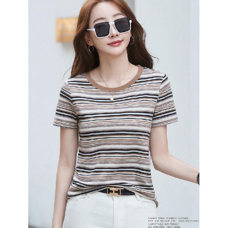 Women's Summer Casual Loose Shirt Solid Pattern Striped Short Sleeve Pullover with Round Neck Versatile Y2K Style Tops