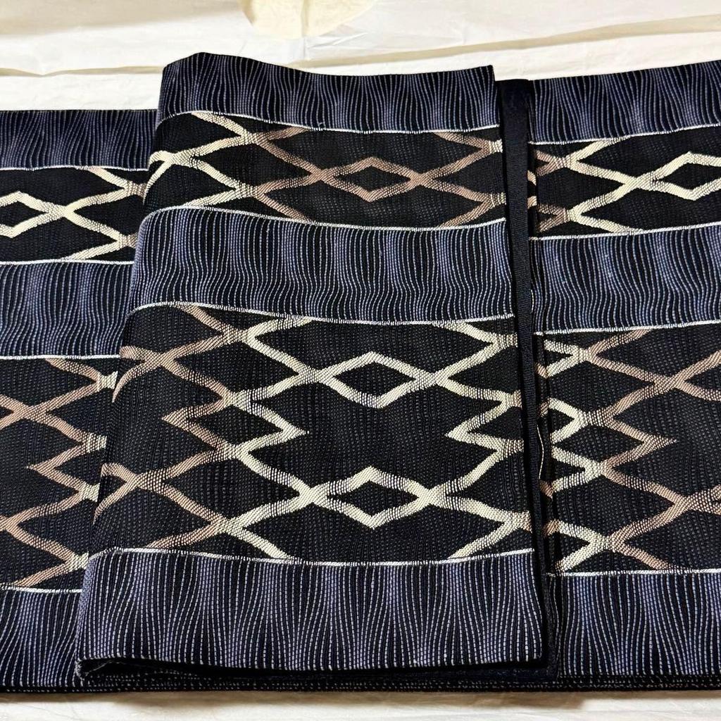Used Unused Item, Connoisseur's Choice, Full-pattern Fukuro Obi, Nishijin-ori, Black Background, Diamond Pattern, Staggered Stripes, Also Suitable
