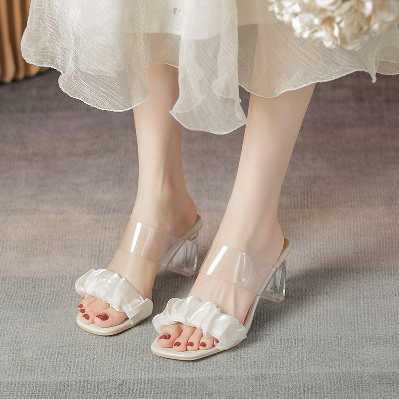 

Французские сандалии для улицы девочка лето 2025 новые высокие каблуки сказочный стиль шлепанцы на прозрачном хрустальном каблуке сандалии 35