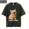 Vintage Wash Do Not Disturb Cat Graphic Tee Women Pure Cotton Retro Aesthetic Harajuku Streetwear Style Casual Fashionable Top