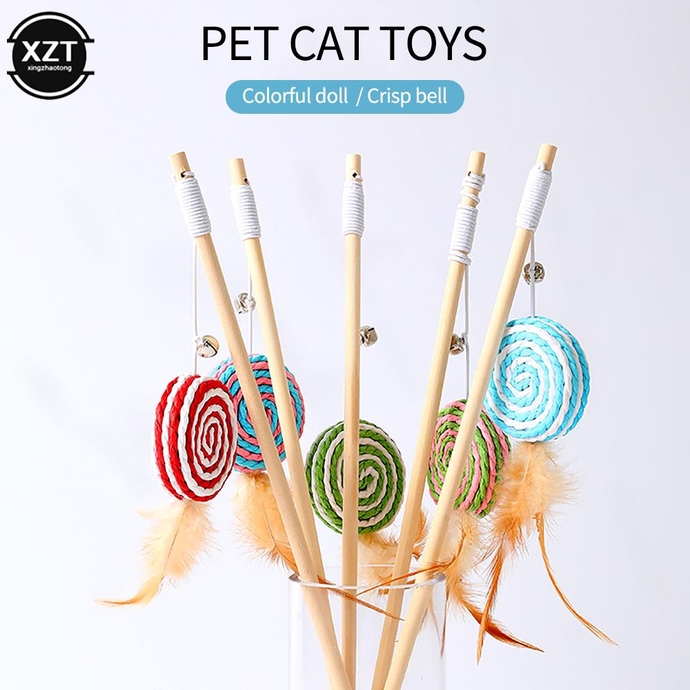 1pc Pet Cat Interactive Stick Feather Cat Stick Teaser Feather Toy Kitten Funny Colorful Rod Cat Wand Toys Wood Pet Cat Supplies