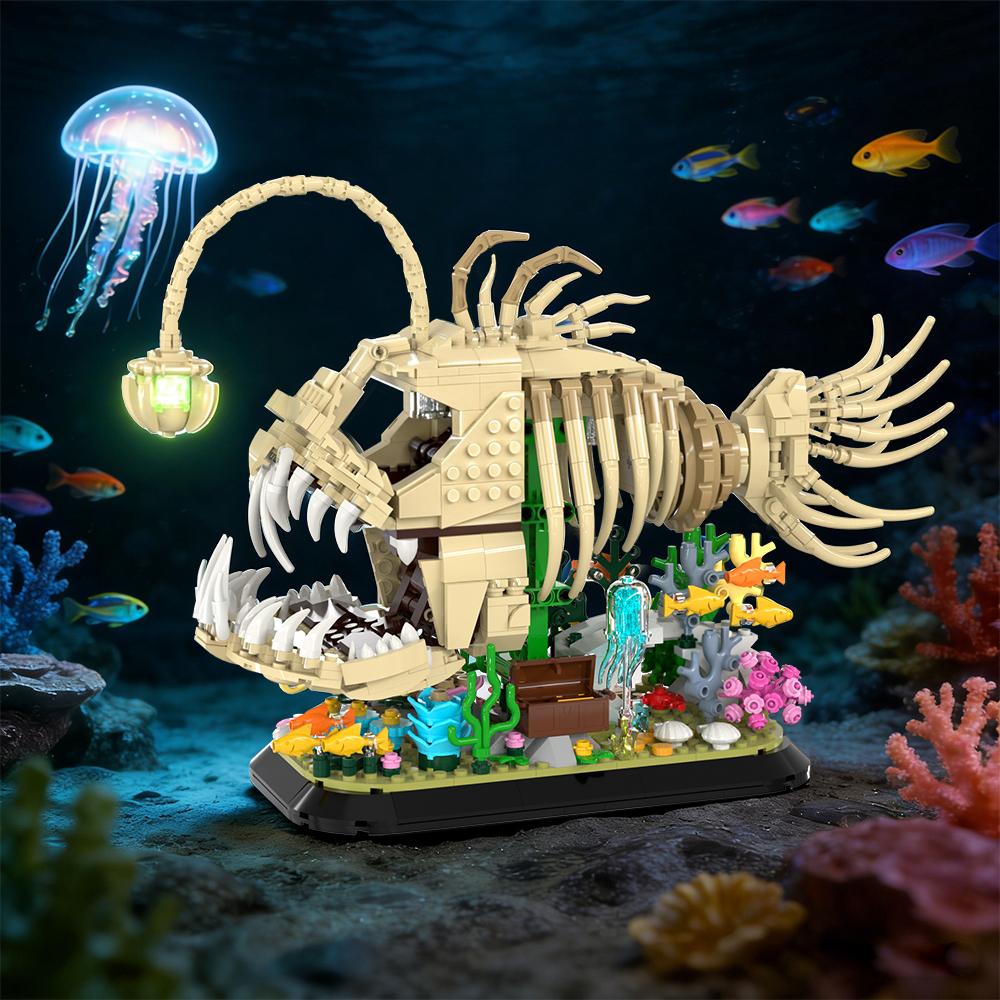 MOC Fossil Monkfish Building Blocks Model Light Emitting Fossil Lantern Fish Bricks Assemble Educational Toys Kids Birthday Gift