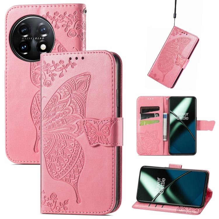 For OnePlus 11 Butterfly Love Flower Embossed Flip Leather Phone Case