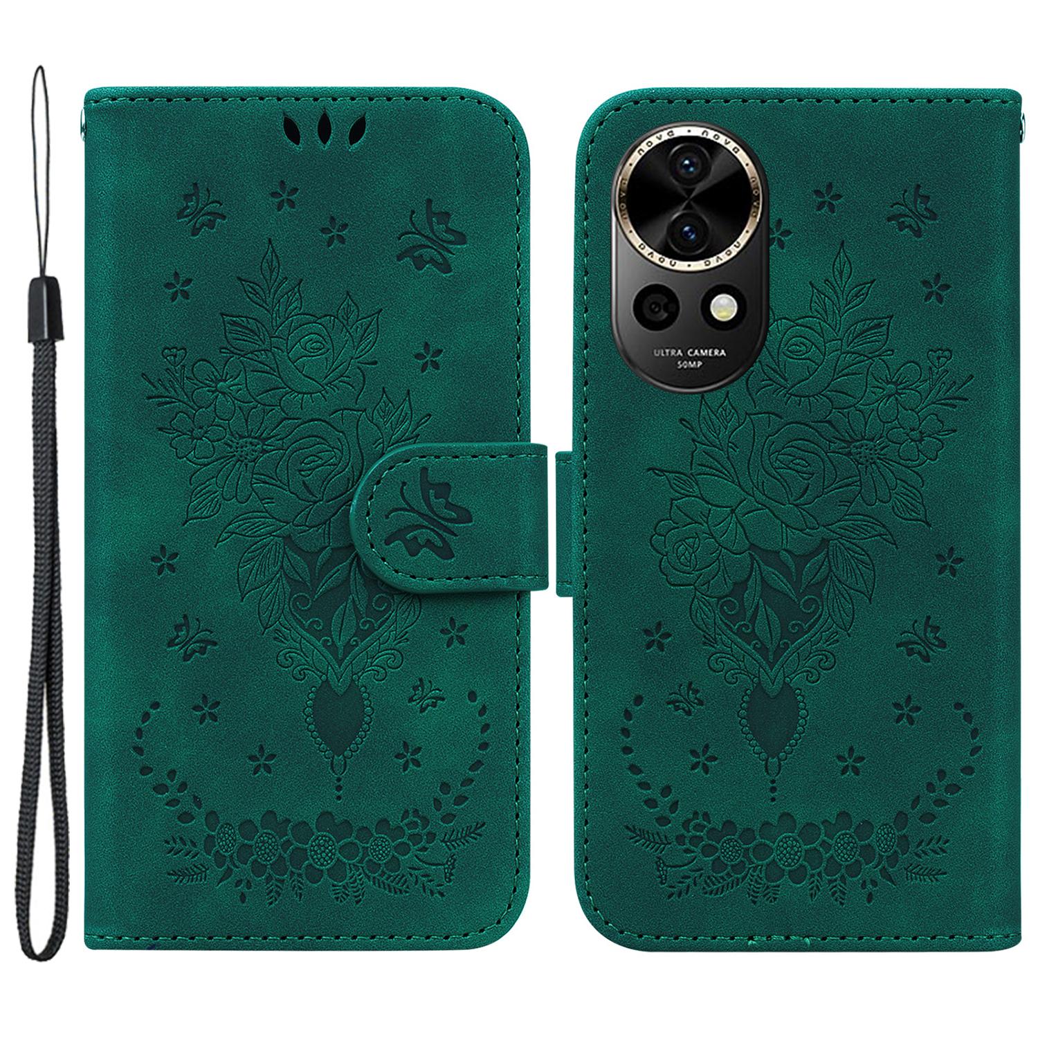 

For Huawei nova 12 5G Wallet Case PU Leather Phone Cover Butterfly Flower Imprint Green