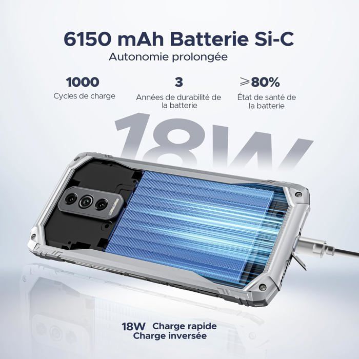 Smartphone Robuste DOOGEE Blade 10 Ultra Energy 36+256GB 6.56" 6150mAh Telephone Incassable Android 15 64MP 3-Card Slots/NFC Argent