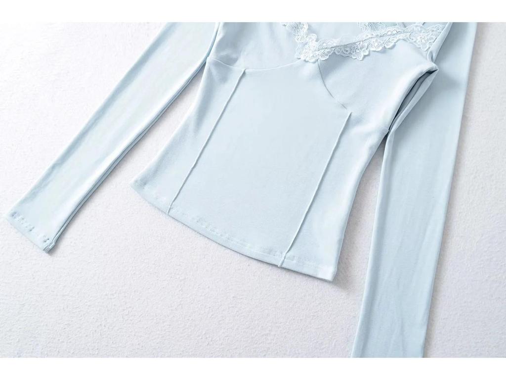 2025 Spring/Summer Women's Slim Fit Halter Neck Long Sleeve Lace Top