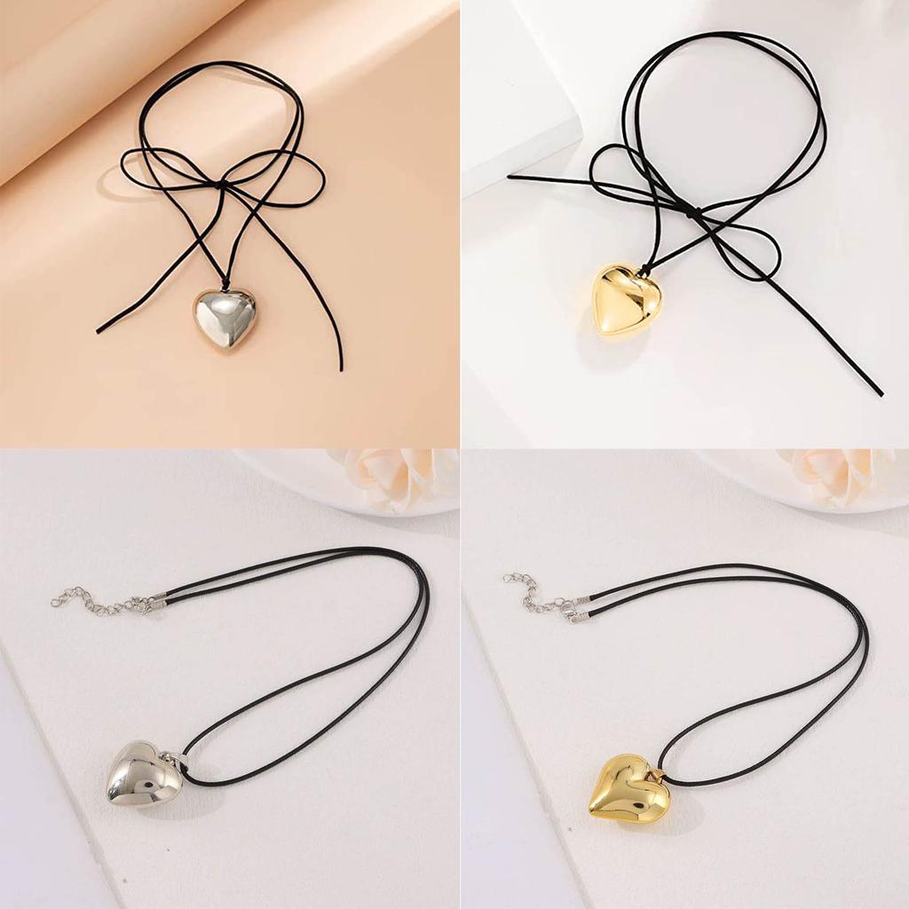 Simple Chunky-Heart Choker Necklace Big Heart Pendant Adjustable Chain Heart Necklaces for Women Teen Girls Jewelry