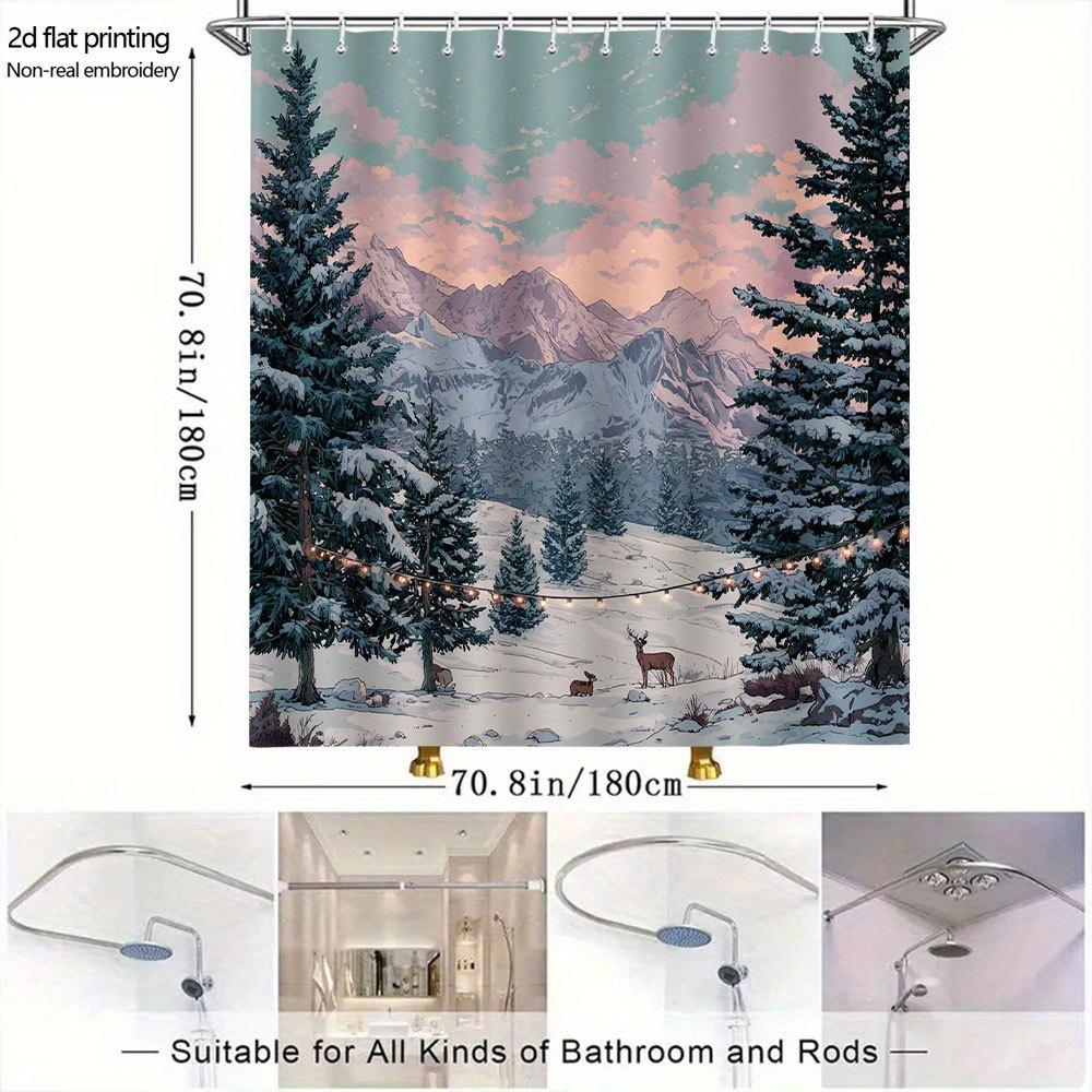 Snowy Mountain Deer Shower Curtain – Pine Trees, String Lights, 2D Flat Print, Polyester, 70.8"X70.8"Inches