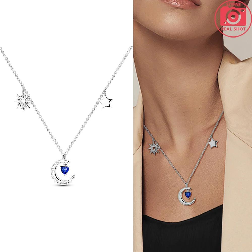 Authentic copper Necklaces Starry Sky Pendant Blue Zircon Moon Star Shape Heart Necklaces Women Jewellery Classical Anniversary Gift