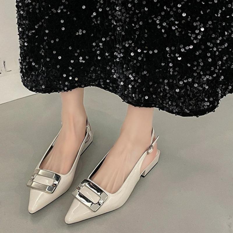 Pointed Toe Square Buckle Low Heel Baotou Sandals Women's New Versatile Block Heel Patent Leather Back Empty Single Shoes