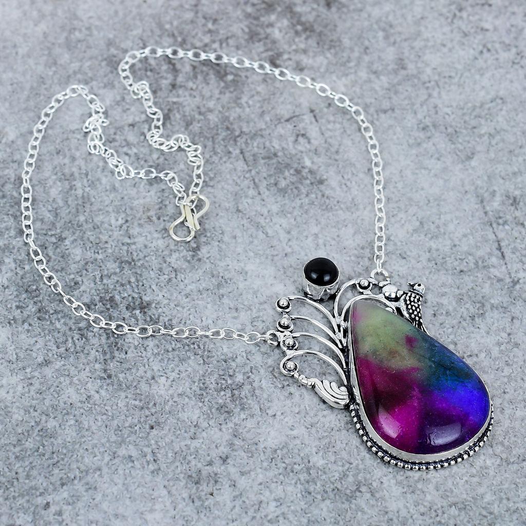 Rainbow Solar Quartz, Onyx 925 Sterling Silver Jewelry Necklace 18" M-2747