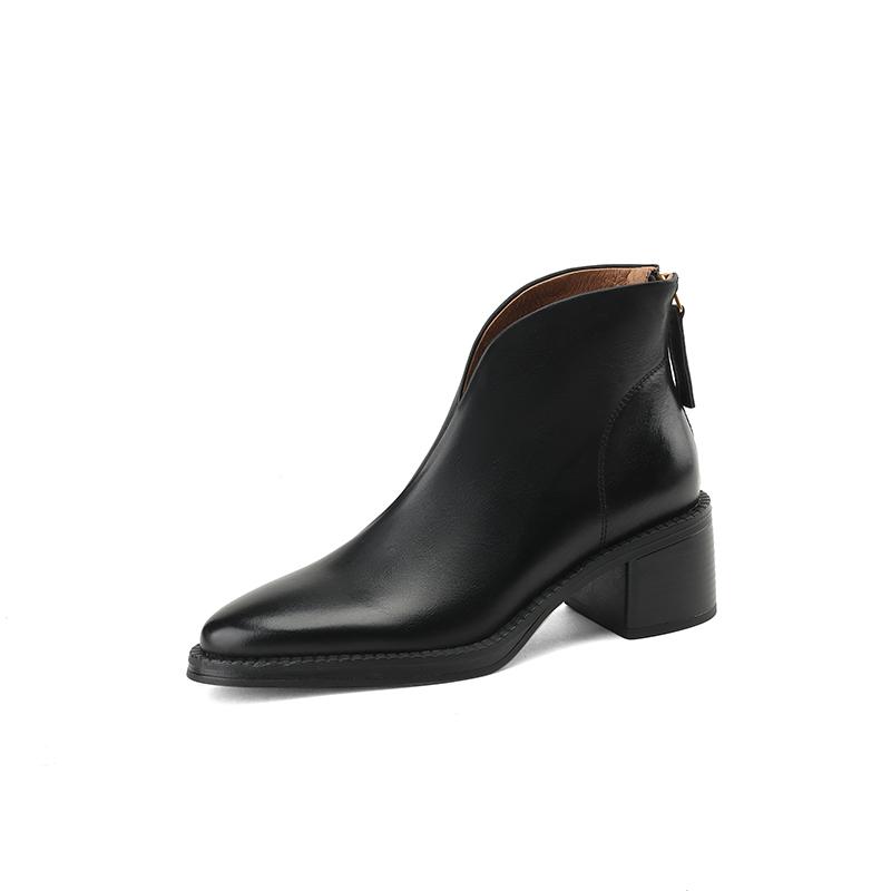 

2024 Новые зрелые офисные женские короткие ботинки для женщин осень-зима из натуральной кожи на высоком каблуке с молнией сзади, рабочая обувь для женщин, базовая модель 34 чёрный