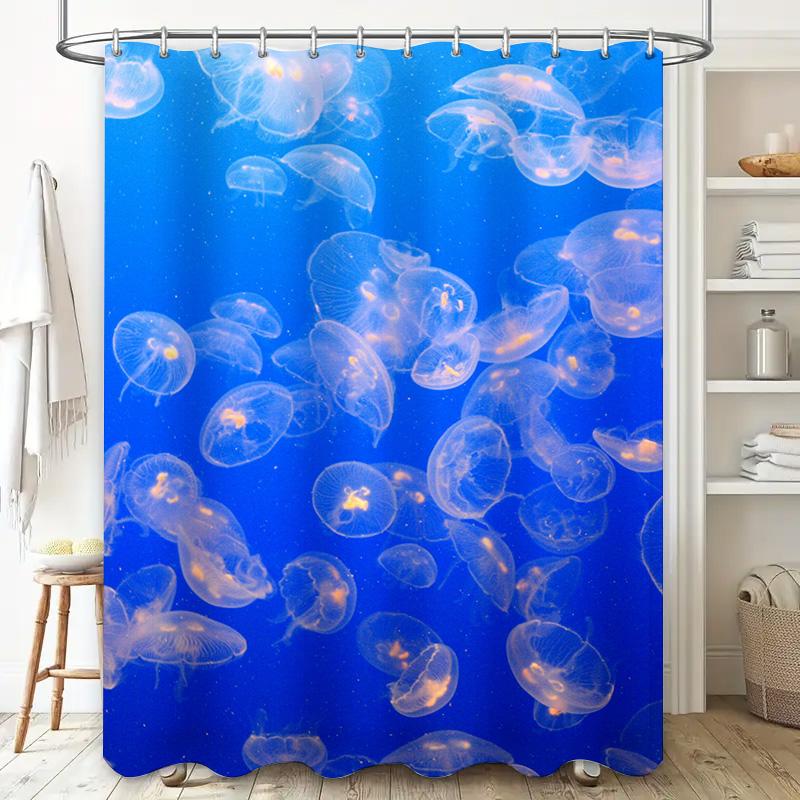 Underwater Jellyfish Shower Curtain Blue White Ocean Fish Printed Fabric Bathroom Decor for Home Bath Spa 72x84 inches with Ro