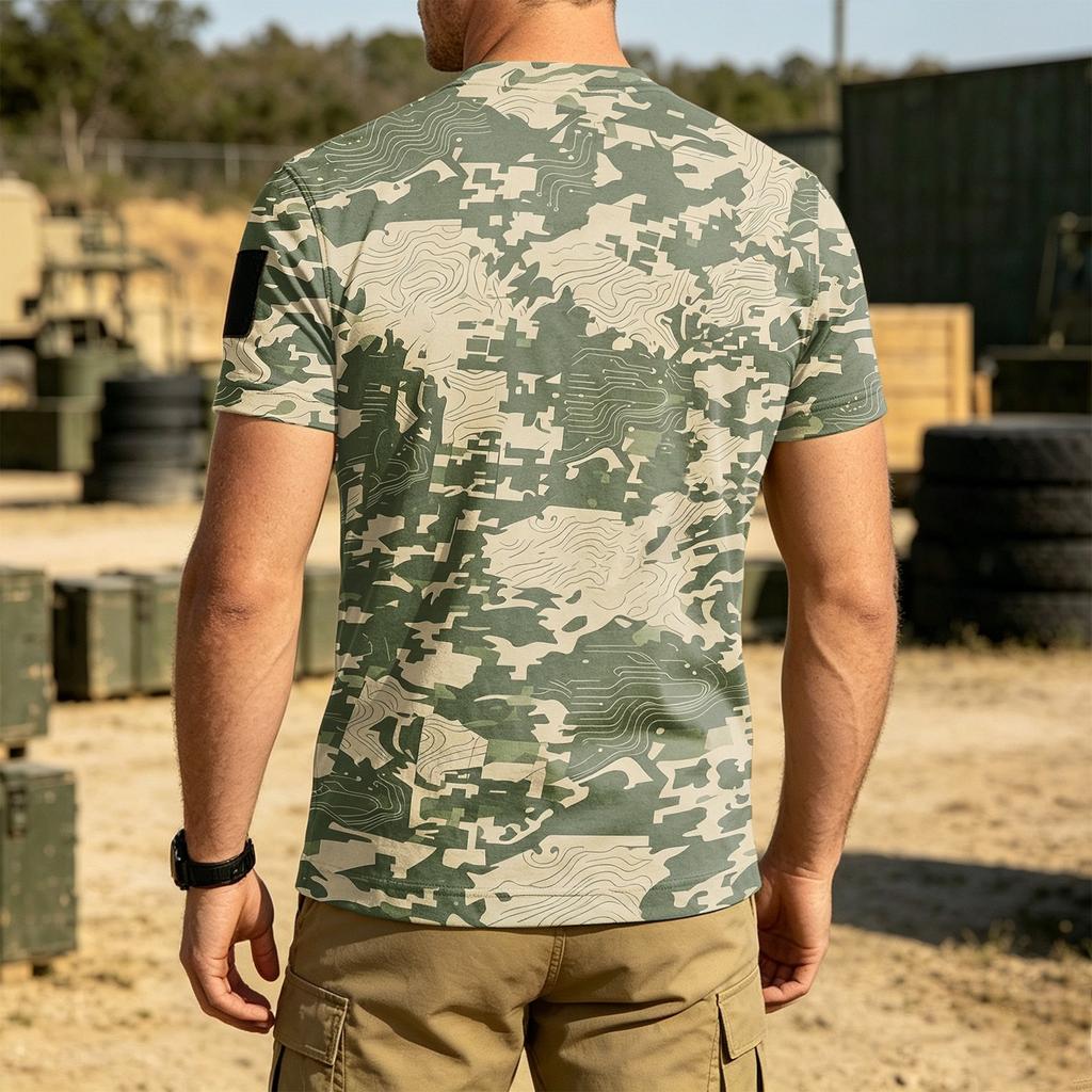 Men Tactical Camo Print Crew Neck Loose Fit Breathable Outdoor Quick Dry Short Sleeve T Shirt with Hook and Loop Patch Panel