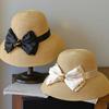 Satin Gold Bead Bow Big Eaves Temperament Straw Hat Women French Elegant Vacation Sun Protection Seaside Basin Hat Summer