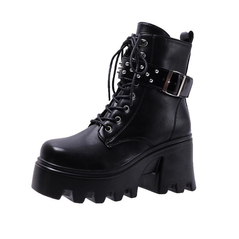 

British Martin boots women s new autumn and winter thick and single boots women s belt buckle lace-up high-heeled short boots women 36 чёрный