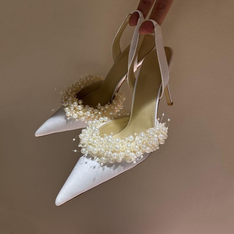 Fashion Summer 2025 New French Elegant Pointed-Toe Pearl Lady Stilettos Wedding Shoes And Banquet Shoes