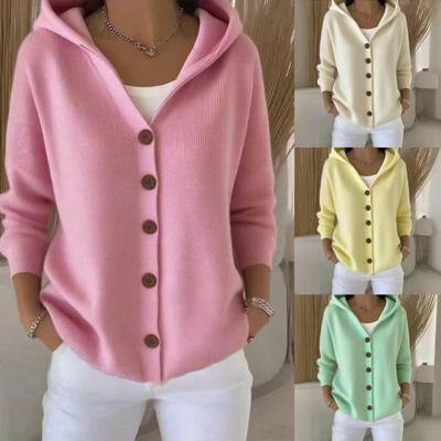 Women's Knit Hooded Cardigan Sweater - Solid Color, Casual Fashion for Autumn & Winter In Europe & America