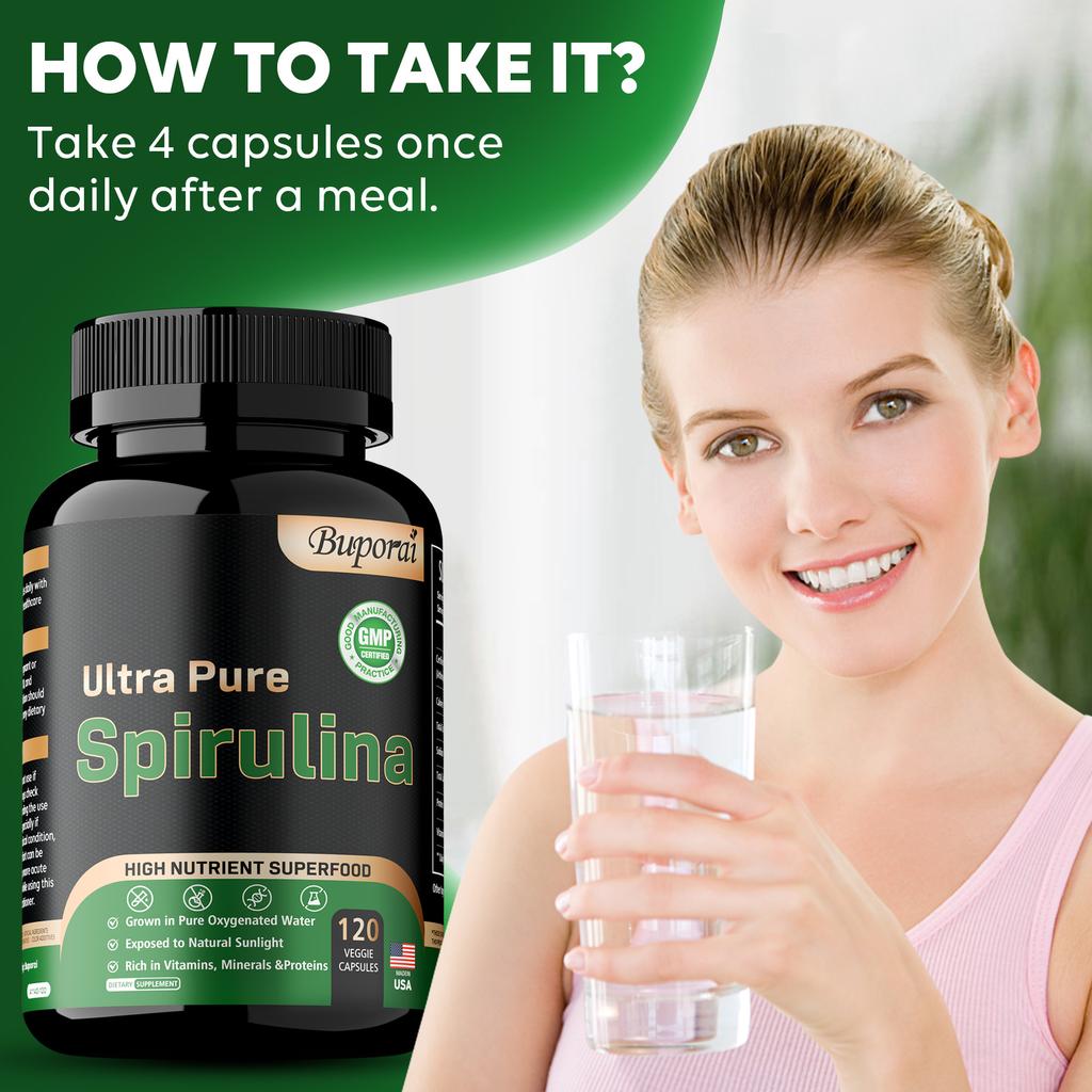Spirulina-Pulverkapseln, das beste reine vegane Protein, helfen bei der Entgiftung des Körpers, geeignet für Erwachsene.