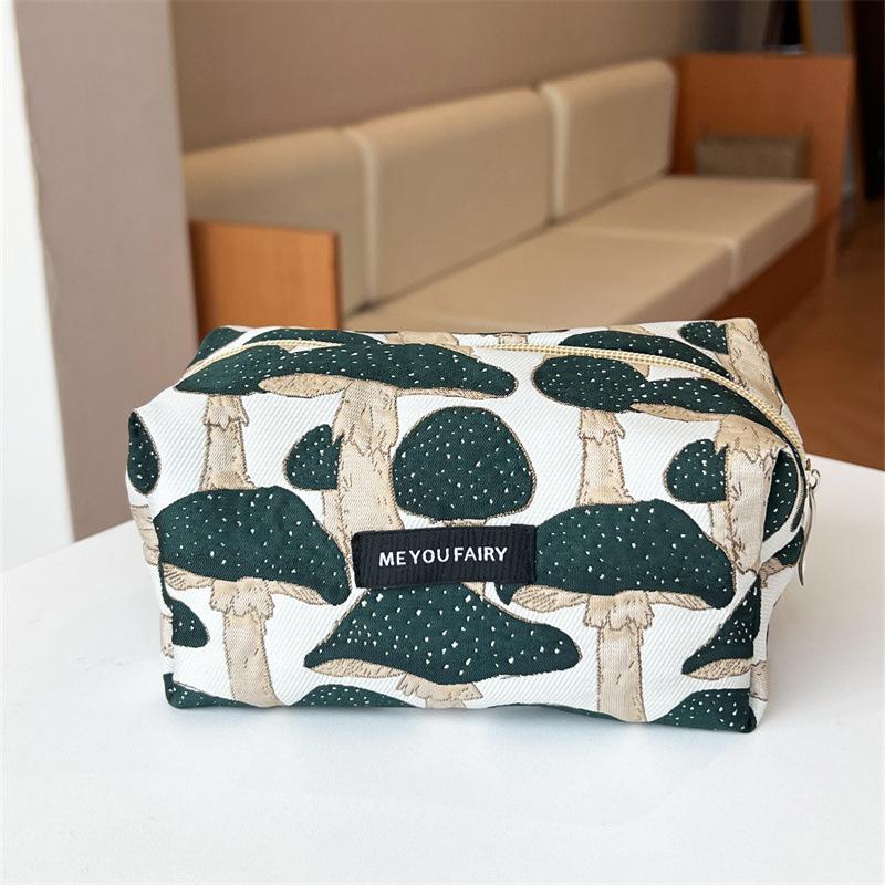 Vintage Canvas Makeup Bag Red Mushroom/Pomegranate Flowers Printing Large Size Coin Key Purse Washing Portable Handbag Gift