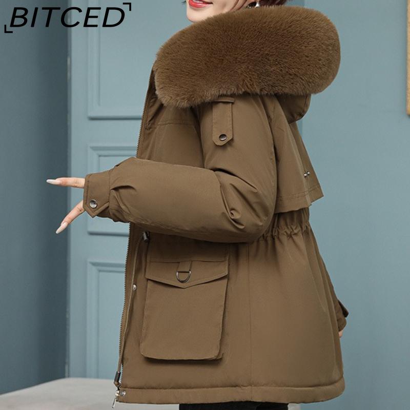 BITCED Women's Fleece-Lined Thickened Puffer Coat - Short Winter Style with Large Fur Collar, Slim-Fit and Flattering Cotton-Blend Outerwear