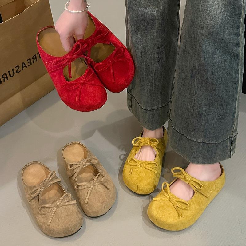 Thick bottom heightening retro women's early spring new fashion versatile bow bag head half slippers outer wear