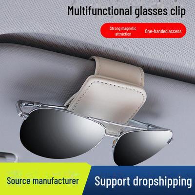 Multi-functional Car Sun Visor Leather Glasses Clip: Storage for Sunglasses and ID Card Holder.