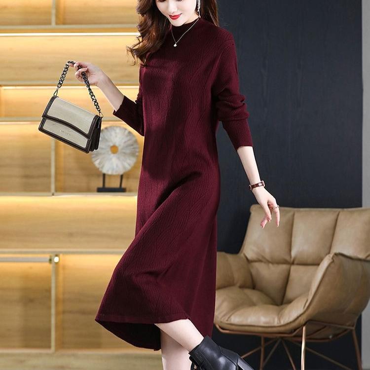 Jednobarevné pletené svetrové šaty střední délky pro ženy s polovičním rolákem, volné, s dlouhým rukávem, pletené svetrové šaty na podzim a zimu