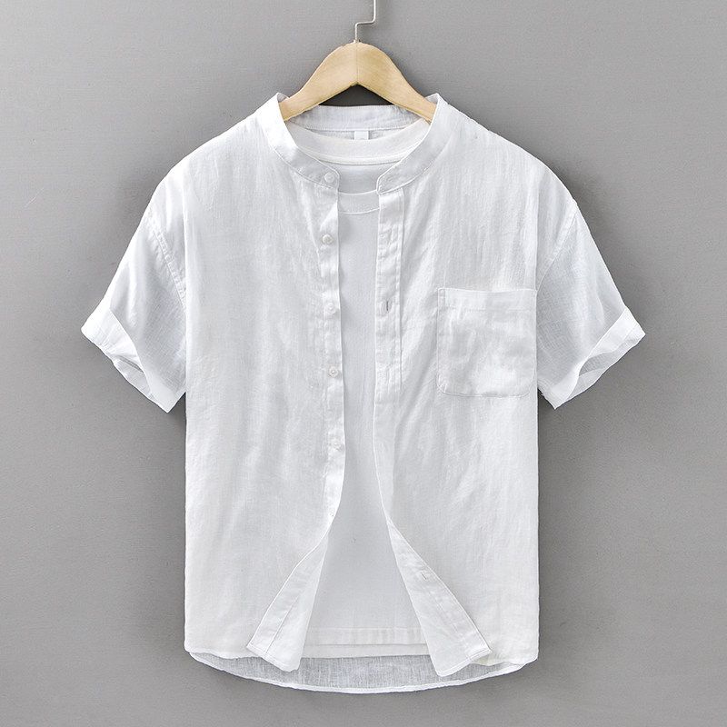 New Chinese Style National Style Linen Short sleeve Shirts Men's Clothing Retro Stand Collar Cotton Linen Fabric Loose Casual Shirt Thin