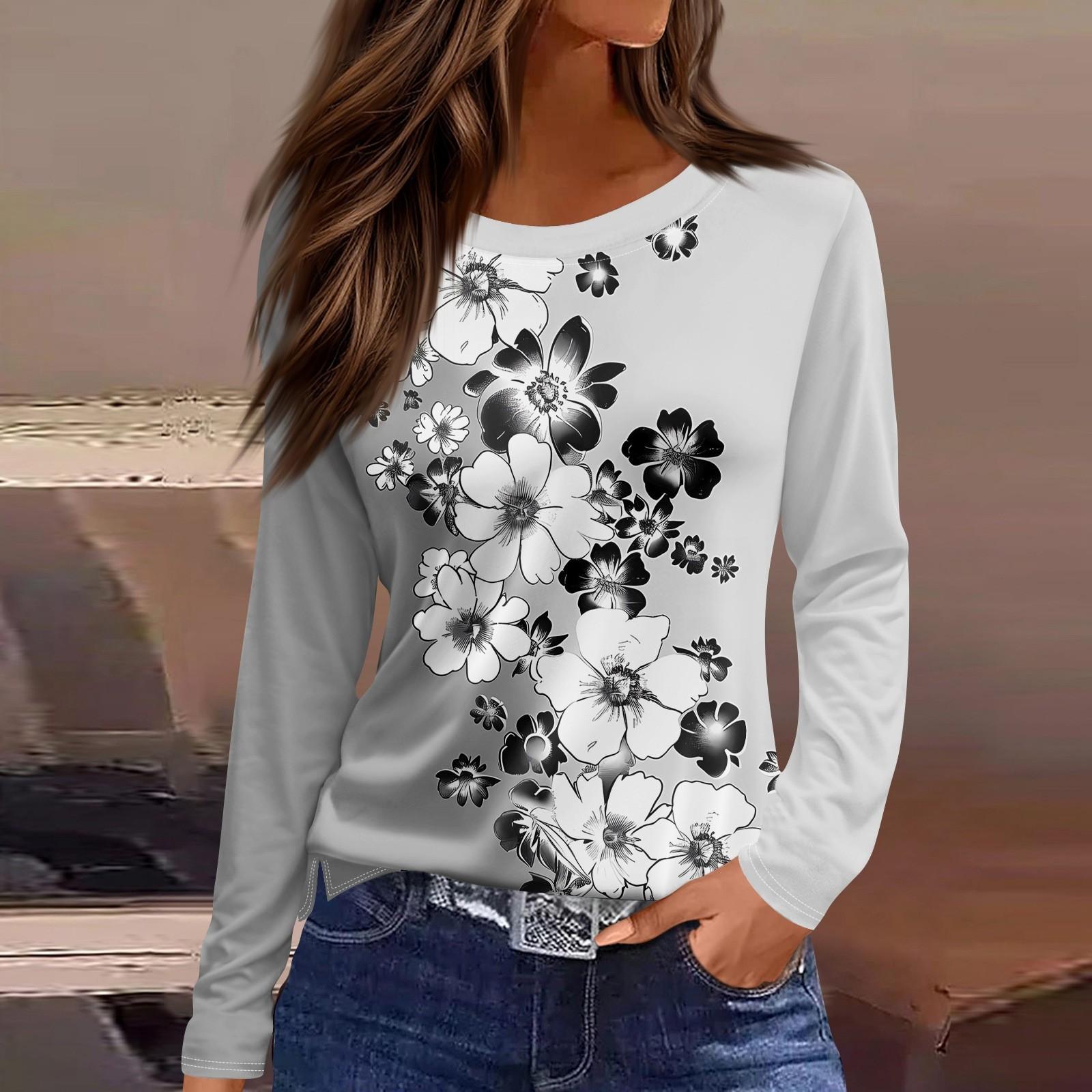 

Женская модная повседневная свободная футболка с принтом и круглым вырезом с разрезом и длинным рукавом, женский топ S