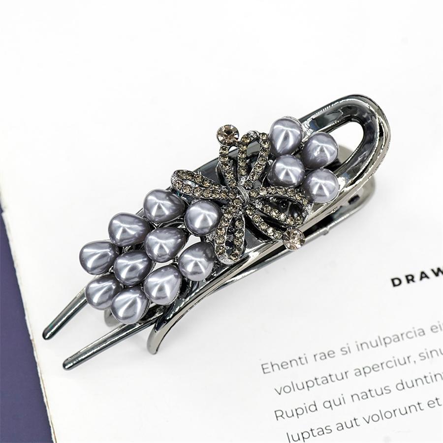 Fashionable Light Luxury High-end Rhinestone Pearl Clip Hairpin Women's Elegant Temperament Glass Black Gray Hairpin Strap