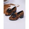 Bow Mid-heel Professional Shoes Women's 2025 Autumn New Leopard Print Thick-heeled Plus-size Low-top Shoes