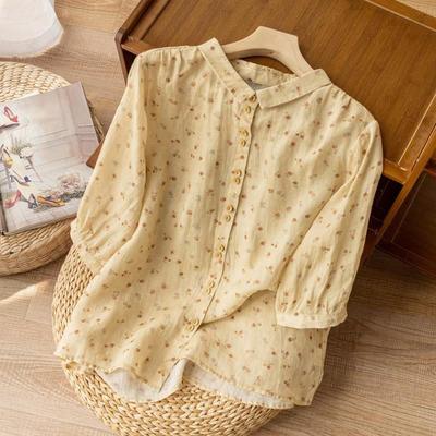 Seven-Sleeve Printed Blouse Women Summer New Vintage Fashion Casual Loose Fit Versatile Top