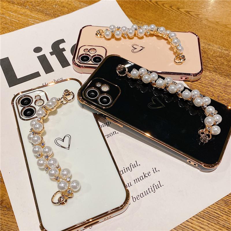 Custodia di Lusso Placcata a Cuore per iPhone 14 13 12 11 Pro X XR XS Max Mini 7 8 Plus SE Bracciale a Catena da Polso Cover in Silicone Morbido