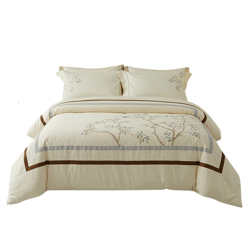 Chaoge New Chinese Style Embroidered Cotton 4-Piece Bedding Set Flat Sheet Style (Duvet Cover 220x240cm)
