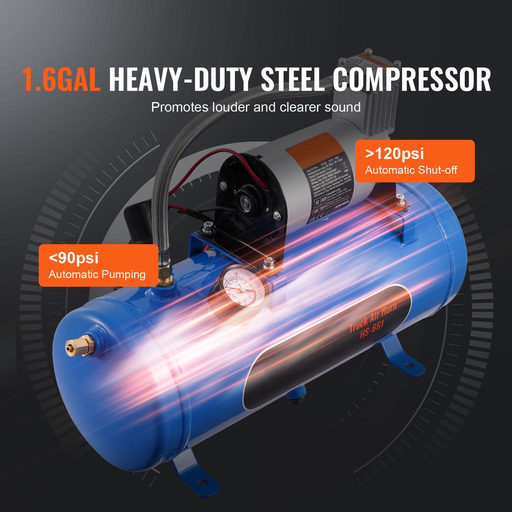 SucceBuy Train Horns Kit 4 Trumpet Air Horn Kit 150dB Train Horns 12V Air Compressor with 3/6/10L Tank, for Pickup Trucks Train