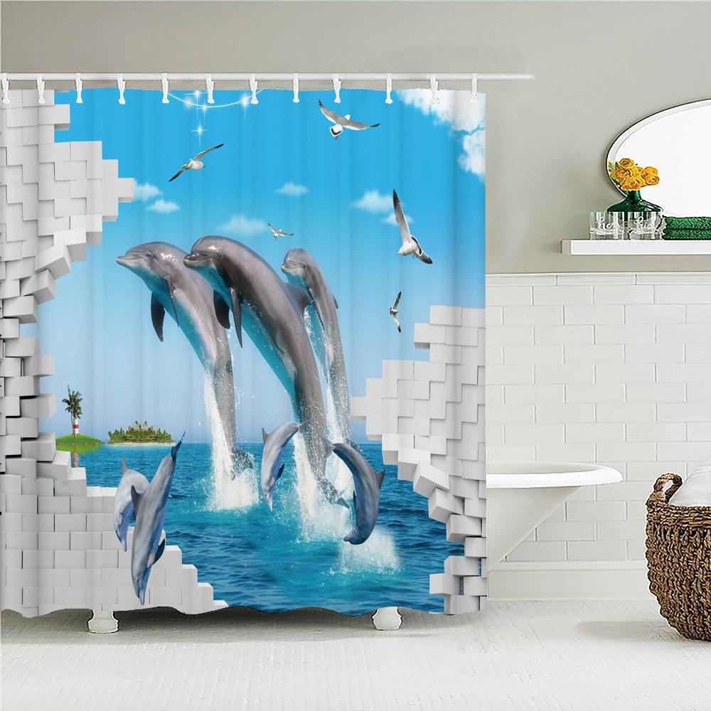 Nature Landscape Shower Curtain 3D Dolphin Shell Beach Scenery Bathroom Curtain Home Decor Waterproof Polyester Bath Accessories