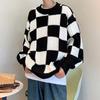 Unisex Japanese Checkered Knitted Sweater - High-End Autumn/Winter Style, Round Neck, Long Sleeves, Warm and Cozy.