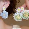 Silver Needle Summer Knitted Fabric Crystal Flower Pendant Earrings Sweet Vacation Style Earrings Niche High-end Earrings Women