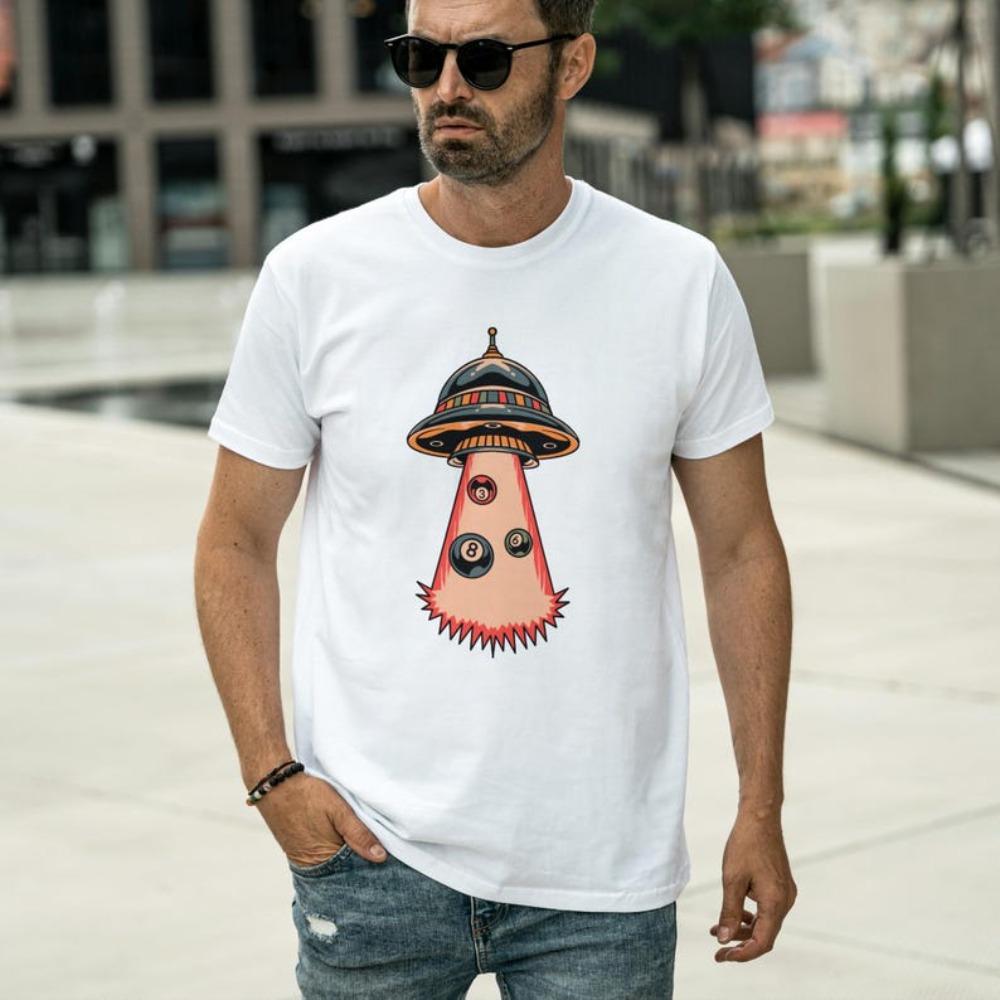UFO Billiard Shirt Funny Billiards Lover Gift Tshirt Pool Player TShirt Men Crewneck Cotton Short Sleeve Cartoon Print Tops