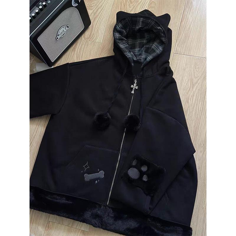 Hanorac cu glugă cu urechi de pisică, patchwork carouri Y2K Millennial - Jachetă de damă căptușită cu fleece pentru toamnă și iarnă