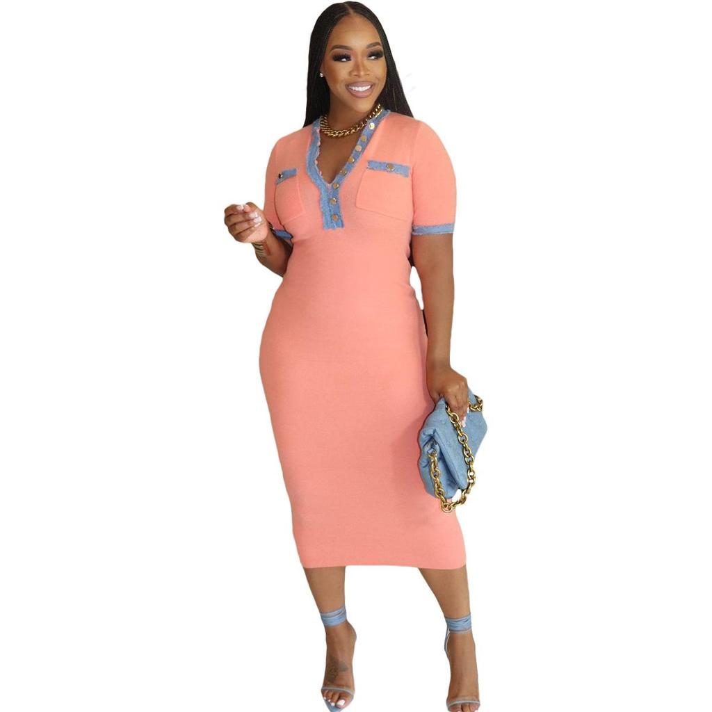 European & American Women's Fashion: Washed Denim Patchwork Dress with Pockets