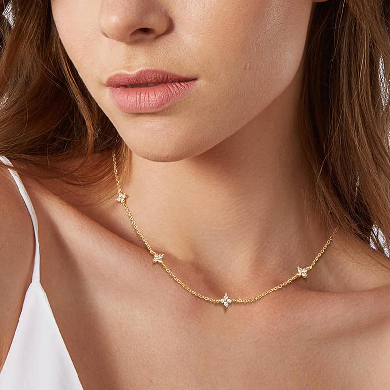 Dainty Lucky Leaf Necklace for Women 925 Silver Trendy 14K Gold Plating Cute White CZ Flowers Pendant Choker Necklaces