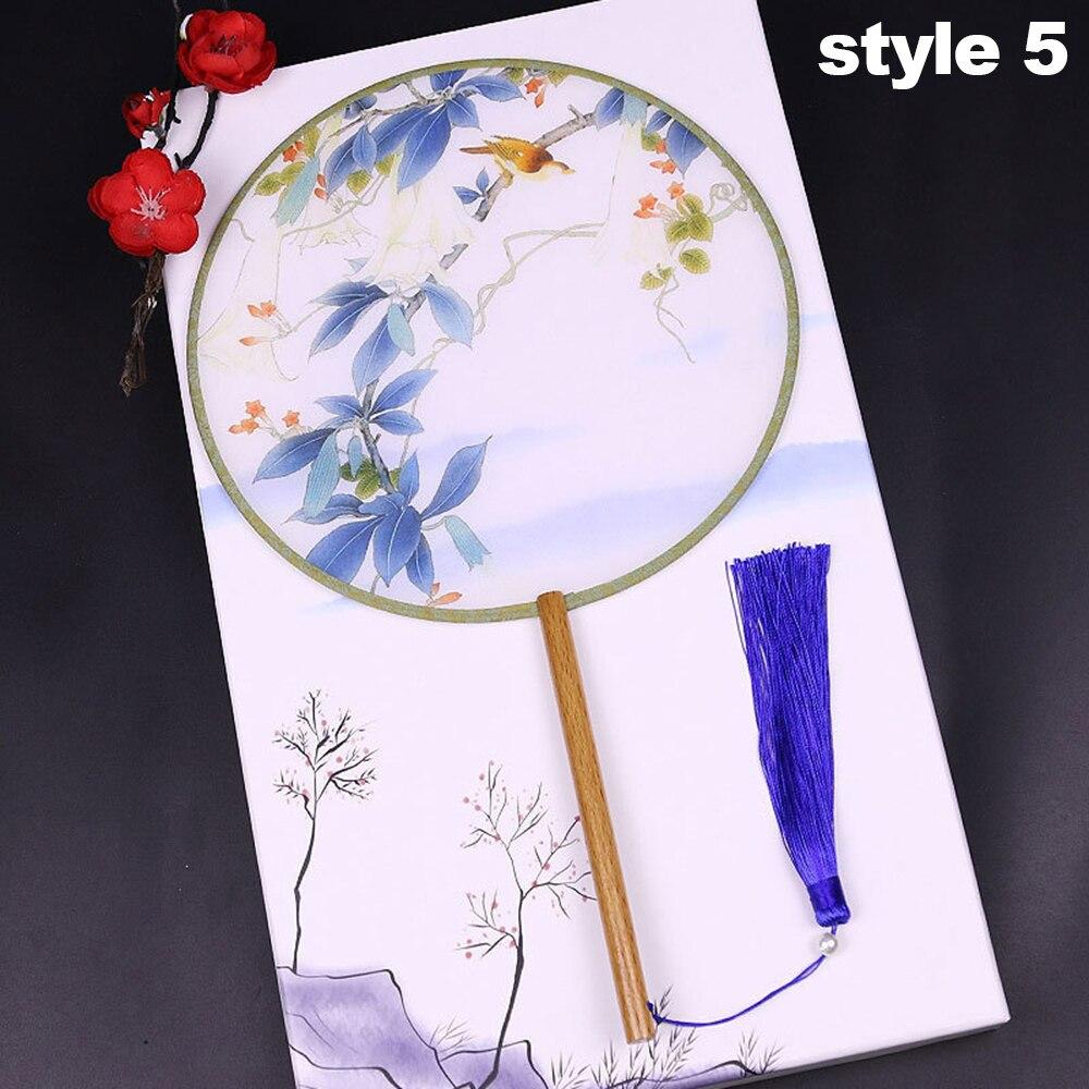 1PC Chinese Style Hand Fan Cute Mini Travel Portable Fan Round Shape Cloth Fan Bamboo Handle with Tassel Home Decoration
