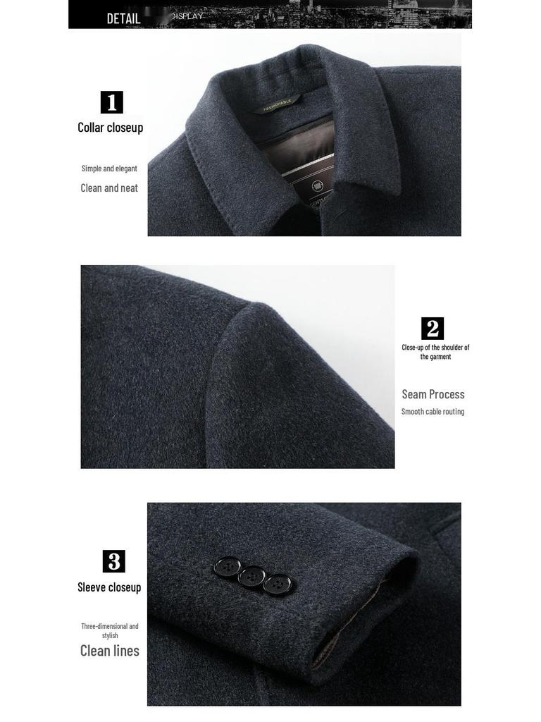 Brand Men's Double-Sided Cashmere Winter Coat, Mid-Length, Business Casual with Detachable Lapel