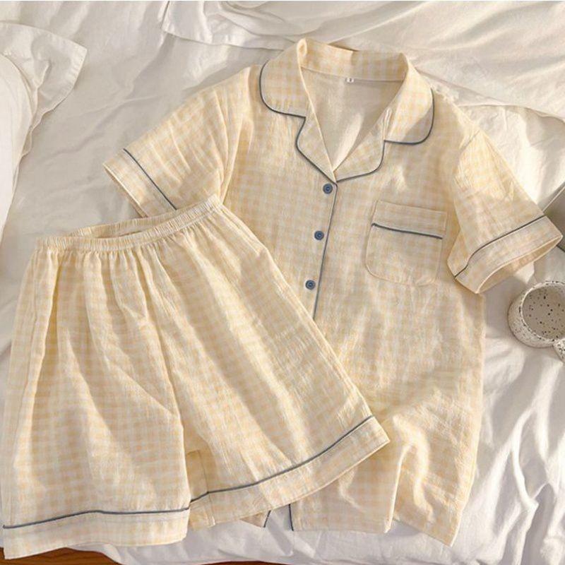 New plaid control pajamas women's summer cardigan short-sleeved short trousers three-piece set sweet student loungewear