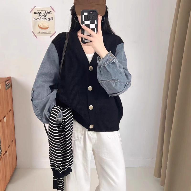 Splicing Denim Knitted Cardigan 2025 Autumn and Winter New Korean Version Loose Casual Versatile V-neck Sweater Jacket Women